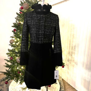 NEW VIA SPIGA Women's Black & White Tweed Faux-Fur Collar Size XS Coat